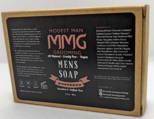 Modest Man Grooming Woodsman Artisanal Charcoal Soap Packaging