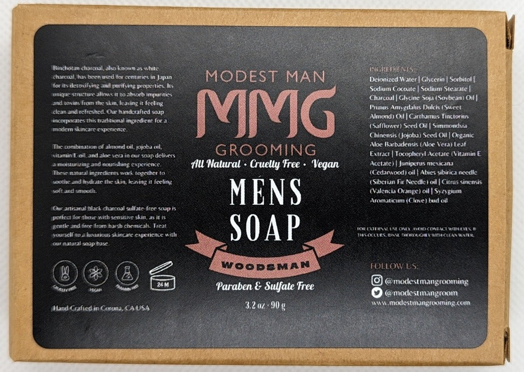 Modest Man Grooming Woodsman Artisanal Charcoal Soap Packaging